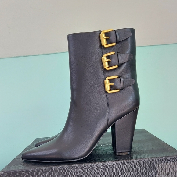 Rebecca Minkoff Black Ankle Boots with Gold Buckles - Picture 12 of 16
